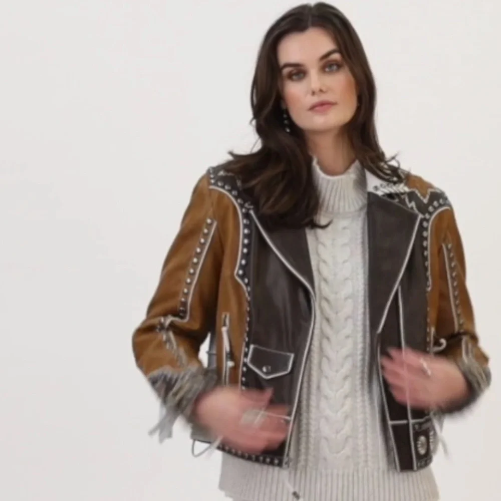 Double D Ranch Leather fringe Jacket studded bucking horse cowgirl RTL $1395 NWT - Picture 2 of 15